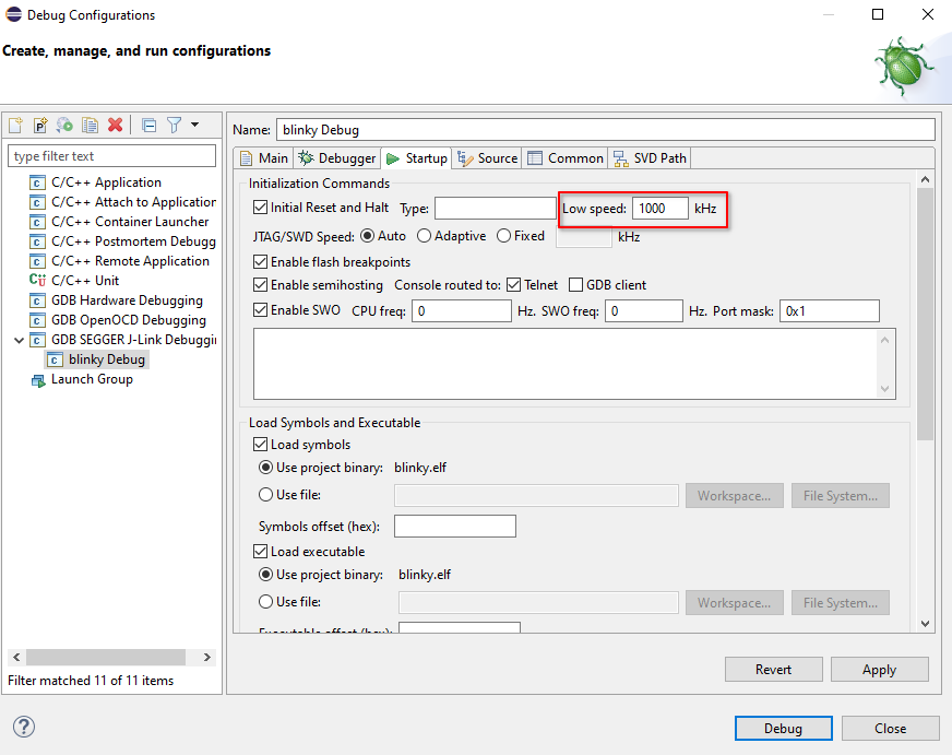 OnSemiconducorIDE JLinkDebugConf Startup TargetInterfaceSpeed ResetHalt.png