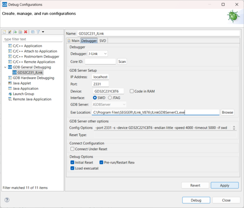 GD32 Embedded Builder Debug Configuration Debugger Tab.png